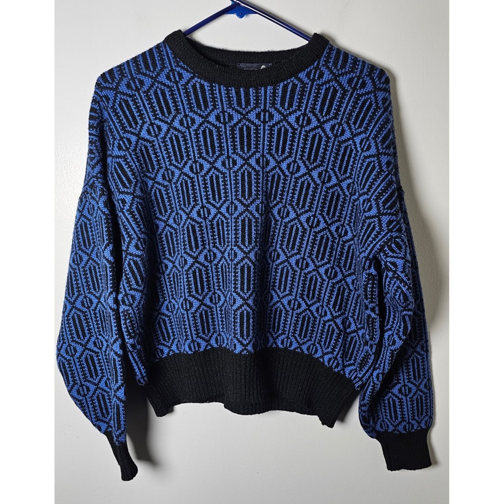 Vintage Demetre Pure Virgin Wool Geometric Sweater Mens Small Blue Black USA
